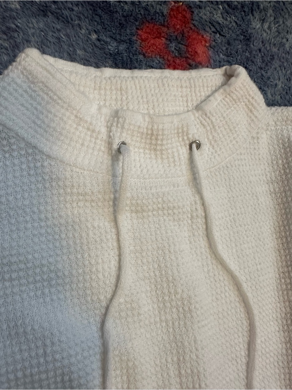 Eileen Fisher White Waffle-Knit Drawstring Funnel Neck Top